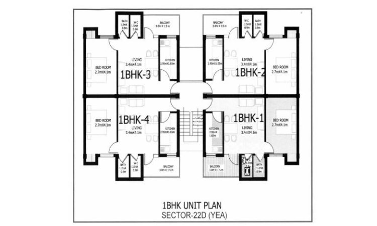 1BHK planning Image in Yamuna authority Built-up Flat Scheme