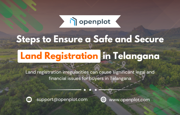 Illustration of a legal document and registration stamp representing secure land registration process in Telangana.